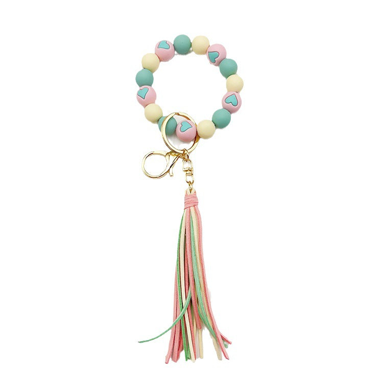 Wholesale Colorful Heart Silicone Beaded Velvet Tassel Wrist Keychain